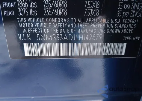 2020 Hyundai Santa Fe Sel из США, поврежденный, VIN 5NMS33AD1LH142879